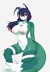  anthro big_breasts blue_hair breasts canid canine canis female fur genitals green_body green_fur hair hi_res mammal moonfluffmf multicolored_body multicolored_fur nipples pose pussy red_eyes solo standing white_body white_fur wolf 