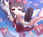  1girl arm_up armpits ass blue_sky blurry bow brown_eyes brown_footwear brown_hair collared_shirt commentary_request depth_of_field detached_sleeves falling foot_out_of_frame frilled_shirt_collar frilled_skirt frills hair_bow hakurei_reimu highres medium_hair outdoors red_bow red_ribbon red_shirt red_skirt ribbon ribbon-trimmed_sleeves ribbon_trim sarashi shirt shoe_soles shoes skirt sky sleeveless sleeveless_shirt socks solo torn_clothes touhou unime_seaflower white_legwear 