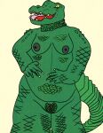  absurd_res alligator alligatorid animal_genitalia anthro breasts cloaca crocodilian female genitals green_nipples hi_res hip_grab natural_breasts nipples non-mammal_nipples reptile scales scalie slightly_chubby smile solo tall yellow_eyes 