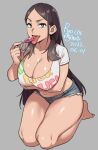  1girl agawa_ryou arm_under_breasts artist_name bangs breasts bright_pupils brown_hair candy cleavage collarbone commentary covered_nipples crop_top cutoffs dated denim denim_shorts english_commentary food full_body green_eyes grey_background holding holding_candy holding_food holding_lollipop large_breasts licking lollipop long_hair looking_at_viewer midriff navel no_bra numbered open_mouth original parted_bangs parted_hair raised_eyebrow round_teeth seiza shirt short_shorts short_sleeves shorts sidelocks simple_background sitting solo straight_hair teeth tongue tongue_out upper_teeth very_long_hair white_pupils white_shirt 