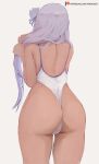  1girl ass back bare_shoulders breasts cameltoe emilia_(re:zero) flower hair_flower hair_ornament highleg highleg_swimsuit large_breasts light_purple_hair long_hair mirai_hikari one-piece_swimsuit re:zero_kara_hajimeru_isekai_seikatsu rose simple_background solo swimsuit thighs white_background white_flower white_rose white_swimsuit 