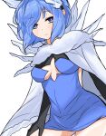  1girl absurdres black_gloves blue_eyes blue_hair breasts cape capelet center_opening cowboy_shot dress elbow_gloves expressionless eyebrows_visible_through_hair fire_emblem fire_emblem_heroes fur-trimmed_capelet fur_trim gloves hairband highres ice ice_horns looking_at_viewer medium_breasts nifl_(fire_emblem) short_dress short_hair simple_background solo thigh_high_tavi thighs white_background white_cape white_capelet 