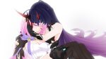  2girls bangs bare_shoulders black_gloves breasts ceciliashaniat closed_eyes elf elysia_(honkai_impact) feet_out_of_frame gloves hair_ornament highres honkai_(series) honkai_impact_3rd horns hug long_hair multiple_girls parted_lips pink_hair pointy_ears purple_eyes purple_hair raiden_mei raiden_mei_(herrscher_of_thunder) thighhighs very_long_hair 