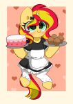  absurd_res accessory apron blush cake clothing dessert dress equestria_girls equid equine eyelashes female feral food green_eyes hair hair_accessory hair_bow hair_ribbon hasbro hi_res holding_object horn kittyrosie legwear maid_uniform mammal muffin multicolored_hair my_little_pony plate ribbons smile solo stockings sunset_shimmer_(eg) two_tone_hair two_tone_tail unicorn uniform yellow_body 
