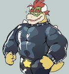  2022 anthro big_muscles bodily_fluids bodysuit bowser bracelet bulge claws clothed clothing collar eyebrows fist grey_background hair haps hi_res horn jewelry koopa looking_down male mario_bros muscular muscular_anthro muscular_male nintendo pecs rubber rubber_clothing rubber_suit scalie shell simple_background skinsuit solo spiked_bracelet spiked_collar spiked_shell spiked_tail spikes spikes_(anatomy) standing star sweat sweatdrop teeth tight_clothing video_games 