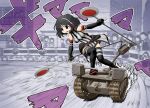  1girl bangs black_dress black_eyes black_footwear black_gloves black_hair black_legwear bob_cut boots commentary_request double_horizontal_stripe dress driving elbow_gloves emblem explosive girls_und_panzer gloves goliath_tracked_mine guard_rail halter_dress halterneck headset holding holding_sign inatomi_hibiki japanese_tankery_league_(emblem) judge leaning_to_the_side mine_(weapon) motion_lines on_vehicle open_mouth riding short_dress short_hair sign solo_focus standing striped striped_dress thighhighs vertical-striped_dress vertical_stripes yunji 
