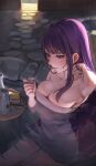  1girl alternate_hairstyle apopo bathing blush bottle breasts chopsticks cleavage commentary cowboy_shot cup drinking genshin_impact hair_down hand_in_own_hair holding holding_cup large_breasts long_hair naked_towel night omelet onsen outdoors parted_lips partially_submerged purple_eyes purple_hair raiden_shogun ripples sake_bottle sitting smile solo straight_hair tamagoyaki towel water wet 