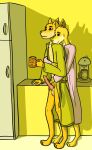  absurd_res anthro bathrobe beverage canid canine canis clothed clothing coffee confusedraven cuddling domestic_dog duo erection female hi_res male male/female mammal morning morning_wood open_clothing open_robe robe 