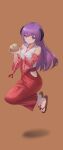  1girl bangs blue_eyes brown_background closed_mouth detached_sleeves eyebrows_visible_through_hair full_body hair_between_eyes hanyuu highres higurashi_no_naku_koro_ni holding horns japanese_clothes jumping kimono long_hair long_skirt long_sleeves miko pepeo pink_sleeves purple_hair red_skirt ribbon-trimmed_sleeves ribbon_trim shiny shiny_hair simple_background skirt sleeveless sleeveless_kimono smile solo straight_hair tabi very_long_hair white_kimono white_legwear wide_sleeves 