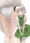  1girl ahoge ass blush embarrassed from_below green_eyes green_skirt green_vest hairband highres konpaku_youmu kubure mtu_virus multiple_views panties shirt short_hair short_sleeves skirt skirt_tug thigh_gap thighs touhou underwear vest white_hair white_panties white_shirt wind wind_lift 