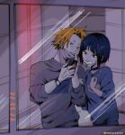  1boy 1girl black_eyes black_hair blonde_hair boku_no_hero_academia cellphone choker couple eyebrows_visible_through_hair eyes_visible_through_hair hadakaninareyo hetero highres jirou_kyouka kaminari_denki locked_arms long_sleeves mask mask_around_neck mirror mirror_image mouth_mask phone selfie short_hair sleeves_rolled_up smile sweater watch yellow_eyes 