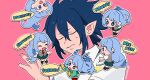  1boy 1girl amajiki_tamaki arms_behind_back bangs blue_eyes blue_hair blush boku_no_hero_academia breasts chibi clone closed_eyes collared_shirt commentary film_grain flying frown green_skirt hadou_nejire hair_between_eyes hand_up long_hair looking_at_another necktie nns146 open_mouth outline outstretched_arms pink_background pleated_skirt pointy_ears red_necktie romaji_text school_uniform shirt short_hair short_sleeves simple_background skirt smile speech_bubble standing sweat u.a._school_uniform upside-down very_long_hair white_outline white_shirt 