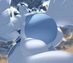  2yakitori2 belly big_belly blue_belly cloudscape detailed_background flying hi_res legendary_pok&eacute;mon lugia nintendo overweight pok&eacute;mon pok&eacute;mon_(species) scalie sky solo video_games white_body wings 