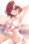  1girl armpits bangs bikini blush breasts brown_eyes brown_hair cleavage eyebrows_visible_through_hair front-tie_bikini front-tie_top highres higuchi_madoka idolmaster idolmaster_shiny_colors looking_at_viewer medium_breasts mole mole_under_eye short_hair side-tie_bikini solo sutoroa sweatshirt swept_bangs swimsuit 