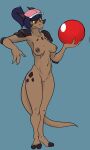  2022 3_fingers absurd_res anthro ball blue_background breasts clothing exwolf85 female fingers genitals hat hat_only headgear headgear_only headwear headwear_only hi_res horn mostly_nude nipples pussy red_eyes simple_background solo species_request standing tail yellow_sclera 
