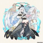  black_bow bow breasts dragalia_lost dress full_body gabriel_(dragalia_lost) gradient_eyes holding holding_stuffed_toy large_breasts long_hair long_sleeves looking_at_viewer mechanical_halo multicolored_eyes official_art pink_eyes sitting smile stuffed_toy white_dress wrist_cuffs 