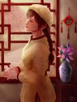 1girl architecture bangs braid braided_ponytail breasts brown_eyes chest_of_drawers chinese_clothes chinese_knot dated day earrings east_asian_architecture eyelashes floral_print flower grass highres indoors jade_(gemstone) jewelry kohji ling_shen_hua lips long_hair looking_to_the_side ornament own_hands_clasped own_hands_together picture_frame pink_flower red_trim shenmue shenmue_iii shirt signature solo swing tree vase window yellow_headwear yellow_shirt 