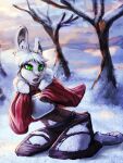  clothing digital_media_(artwork) female fur general-irrelevant green_eyes hair hi_res kneeling open_mouth outside plant red_clothing red_topwear snow solo surprise topwear torn_clothing transformation tree white_body white_fur white_hair 