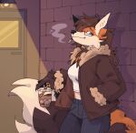  anthro beverage bottomwear brick_wall brown_hair canid canine cartvage_(artist) cigarette clothing coffee container crop_top cup denim denim_clothing digital_media_(artwork) dipstick_tail door eyewear female fluffy fluffy_tail fox fur glasses hair hand_in_pocket hi_res holding_cup holding_object jacket jeans lamp leaning leaning_on_wall lightbulb mammal markings messy_hair orange_body orange_fur pants pockets shirt smoking smoking_cigarette solo tail_markings tomboy topwear wall_(structure) white_body white_fur 