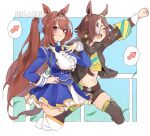  2girls ^_^ animal_ears arrow_(symbol) bangs belt black_shorts bow bowtie brown_hair center_frills closed_eyes copyright_name crop_top cropped_legs daiwa_scarlet_(umamusume) frills hair_over_one_eye hand_on_hip hand_on_own_chest highres horse_ears horse_girl horse_tail long_hair long_sleeves looking_at_viewer low_ponytail midriff multiple_girls navel open_mouth outstretched_arm red_eyes shirt shorts skirt smile speech_bubble spoken_object tail techi_(siro-white_0803) thighhighs tiara twintails umamusume vodka_(umamusume) white_shirt yellow_shirt 