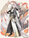  1boy asymmetrical_gloves belt black_footwear black_gloves coat dragalia_lost earrings gloves jewelry long_hair long_sleeves looking_at_viewer official_art orange_eyes single_earring smile uriel_(dragalia_lost) white_coat white_gloves white_hair 