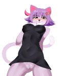  2022 accessory animal_humanoid anthro black_clothing black_dress black_nose blush bottomless breasts cat_humanoid clothed clothing dobryvechyrrr domestic_cat dress erect_nipples felid felid_humanoid feline feline_humanoid felis female fur genitals hair hair_accessory hair_bow hair_ribbon humanoid looking_at_viewer mammal mammal_humanoid masyunya navel nipples partially_clothed purple_body purple_fur purple_hair purple_tail pussy ribbons simple_background smile solo vkontakte white_body white_fur 