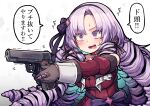  1girl absurdres bangs black_hairband blush bow breasts claw_ring commentary_request dress dress_bow drill_hair finger_on_trigger gloves gun hair_ornament hairband handgun hatyuuruinohito highres holding holding_weapon hyakumantenbara_salome light_purple_eyes long_hair nijisanji open_mouth parted_bangs purple_hair red_dress red_sleeves ringlets solo speech_bubble sweat teeth translation_request trembling virtual_youtuber weapon 