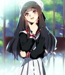  1girl :d black_hair black_shirt blurry blurry_background cardcaptor_sakura daidouji_tomoyo eyebrows_visible_through_hair gate hand_on_own_chin hat leo_(kkm441106) long_hair long_sleeves sailor_collar sailor_hat school_uniform shirt skirt smile solo tree white_headwear white_skirt 