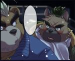 anthro ashigara blush canid canine canis domestic_dog duo embarrassed eyebrows facial_hair hikoero777 lifewonders male male/male mammal scar scarf snow snowing thick_eyebrows tokyo_afterschool_summoners topknot ursid video_games winter yasuyori 