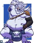  2022 abdominal_bulge anthro armband armpit_hair bandai_namco belly belly_grab big_belly big_bulge body_hair bottomwear bulge canid canine canis chubby_anthro chubby_male claws clenched_teeth clothing crouching digimon digimon_(species) ear_piercing ear_ring eye_scar facial_scar fangs front_view fur hand_behind_head hand_on_stomach licking licking_lips looking_at_viewer male mammal navel nipples overweight overweight_anthro overweight_male piercing scar shirtless shirtless_male shorts shoulder_pads slightly_chubby smile smiling_at_viewer soft_vore solo tanio teeth tiptoes toe_claws tongue tongue_out vore were werecanid werecanine weregarurumon werewolf wolf 