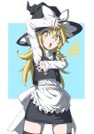  1girl :o apron back_bow black_headwear black_legwear black_skirt black_vest blonde_hair blue_background bow commentary_request cowboy_shot frilled_apron frills hair_between_eyes hat hat_bow highres inuno_rakugaki kirisame_marisa long_hair long_sleeves looking_at_viewer miniskirt open_mouth shirt simple_background skirt solo striped striped_shirt thighhighs thighs touhou vest waist_apron white_apron white_bow white_shirt witch_hat yellow_eyes 