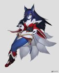  1girl ahri_(league_of_legends) animal_ears animal_hands animal_nose artist_name bangs bare_shoulders blue_fur blue_hair body_fur breasts claws cleavage closed_mouth commentary english_commentary facial_mark flower_knot fox_ears fox_girl fox_tail full_body furrification furry furry_female grey_background hand_up highres japanese_clothes kimono kitsune large_breasts league_of_legends legs_together long_hair long_sleeves looking_at_viewer mixed-language_commentary multiple_tails off_shoulder pawpads red_kimono sash short_kimono sidelocks simple_background slit_pupils snout solo tail tassel twitter_username two-tone_fur uyu_(soda_uyu) watermark whisker_markings white_fur wide_sleeves yellow_eyes 