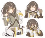 1girl :d arknights black_coat brown_hair brown_sweater cameo charm_(object) coat commentary earrings emphasis_lines gloves grey_hair hands_up holding jewelry light_blush long_sleeves looking_at_viewer magallan_(arknights) mask mask_around_neck multicolored_hair multiple_views open_clothes open_coat open_mouth rhine_lab_logo ribbed_sweater satou_kibi simple_background single_glove smile streaked_hair sweater teeth the_emperor_(arknights) two-tone_coat upper_teeth v white_background white_coat white_gloves yellow_eyes 