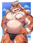  ahoge anthro belly blush bulge clothing diru11 eyebrows felid fur hair hi_res hombretigre lifewonders male mammal musclegut navel nipples one_eye_closed orange_body orange_fur pantherine pecs solo speedo striped_body striped_fur stripes swimwear tattoo thick_eyebrows tiger tokyo_afterschool_summoners video_games wet white_hair wink 