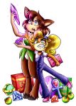  2019 absurd_res accessory activision alyssa_foxah anthro blonde_hair box brown_body brown_fur brown_hair cervid clothing coco_bandicoot container crash_bandicoot_(series) crossover duo egg elora faun female flower flower_in_hair food footwear fruit fur gem green_eyes hair hair_accessory hi_res holding_object long_hair mammal marsupial open_mouth overalls plant shoes simple_background spyro_the_dragon video_games white_background 