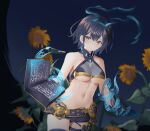  1girl alice_(sinoalice) bare_arms bare_shoulders belt black_hair book breasts brown_eyes cleavage cowboy_shot flower grimoire hairband ichiyo_tsuyu_(glacia_glagla) looking_at_viewer magic medium_breasts microskirt midriff navel parted_lips revealing_clothes short_hair sinoalice skirt solo standing stomach sunflower thigh_strap underboob 