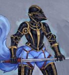  anthro armor armpitcore420 blue_body blue_fur bottomless canid canine clothed clothing female fox fur genitals hi_res mammal medieval_armor melee_weapon pussy solo sword unconvincing_armor victoria_voss weapon 