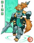  2022 5_toes absurd_res anthro armor bird_dog blonde_hair breasts canid canine canis ceehaz cleavage clothed clothing dog_knight_rpg domestic_dog feet female fur golden_retriever green_eyes hair hi_res holding_object holding_weapon humanoid_feet hunting_dog mammal melee_weapon polearm ponytail retriever riza_(ceehaz) scarf spear tan_body tan_fur toes weapon 