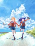  2girls :d ^_^ absurdres bag blonde_hair blue_bow blue_bowtie blue_hair blue_legwear blue_skirt blue_sky bow bowtie brown_footwear closed_eyes cloud collared_shirt cumulonimbus_cloud day facing_viewer floating_hair futari_wa_precure grin highres holding holding_bag jacket karen_le_cao kneehighs lacrosse_stick leg_up loafers long_hair long_sleeves miniskirt misumi_nagisa multiple_girls ocean outdoors plaid plaid_skirt pleated_skirt precure red_jacket red_vest running school_bag school_uniform shiny shiny_hair shirt shoes short_hair skirt sky smile verone_gakuin_school_uniform vest white_shirt wing_collar yukishiro_honoka 