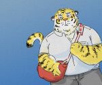  2022 anthro blue_background blush bottomwear clothing felid hi_res kemono male mammal overweight overweight_male pantherine pants pommn_mn shirt simple_background solo tiger topwear white_body yellow_body 