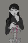  1girl bangs clothes_lift covering_mouth greyscale hair_behind_ear hand_on_own_chest hand_over_own_mouth liquid long_sleeves looking_to_the_side monochrome no_eyebrows original over_shoulder parted_lips ribs shirt_lift shokugyo skeleton solo spine spot_color swept_bangs turtleneck 