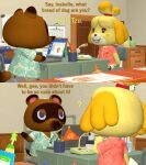  3d_(artwork) animal_crossing anthro canid canine canis clothed clothing dialogue digital_media_(artwork) domestic_dog english_text female hi_res isabelle_(animal_crossing) male mammal nintendo papadragon69 question_mark raccoon_dog shih_tzu shirt sitting tanuki text tom_nook_(animal_crossing) topwear toy_dog video_games 