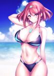  1girl absurdres adapted_costume arm_behind_head bangs beach bikini black_bikini blue_sky breasts chest_jewel cleavage earrings hakusai_(hksicabb) highres jewelry large_breasts navel pyra_(xenoblade) red_eyes red_hair short_hair sky smile swept_bangs swimsuit tiara two-tone_swimsuit xenoblade_chronicles_(series) xenoblade_chronicles_2 