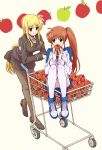  2girls apple blonde_hair cart couple eating fate_testarossa food fruit happy kannari looking_at_another lyrical_nanoha mahou_shoujo_lyrical_nanoha_vivid multiple_girls orange_hair pantyhose purple_eyes red_eyes shopping_cart side_ponytail simple_background sitting skirt smile takamachi_nanoha thighhighs thighs tsab_air_military_uniform tsab_executive_military_uniform white_legwear yuri 