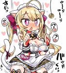 1girl ahoge animal_ears blonde_hair blush bow breasts cat_ears cat_tail chestnut_mouth cleavage coin commentary_request garter_straps hair_bow heart heart-shaped_pupils holed_coin hypnosis kanikama long_hair lowres maid maid_headdress medium_breasts mind_control nijisanji pendulum purple_eyes solo sweat symbol-shaped_pupils tail takamiya_rion translation_request twintails virtual_youtuber 