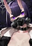  1girl absurdres bangs black_jacket bob_cut choker fate/grand_order fate_(series) fur_trim gas_mask head_tilt highres horns jacket looking_at_viewer mask no_pupils no_shirt oni oni_horns open_clothes open_jacket portrait purple_eyes purple_hair san_(harutuki_3) short_eyebrows short_hair shuten_douji_(fate) skin-covered_horns solo 