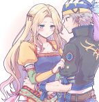  1boy 1girl bangs blonde_hair blue_eyes blush breasts brown_eyes celes_chere cleavage couple cropped_jacket earrings final_fantasy final_fantasy_vi hair_ornament hand_on_another&#039;s_arm hand_on_another&#039;s_hip highres jewelry lock_cole long_hair long_sleeves medium_breasts multicolored_clothes multicolored_headwear pan_ff6 parted_bangs puffy_sleeves short_sleeves sidelocks upper_body wavy_hair 