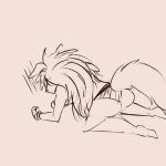  all_fours anthro apogee_(tinygaypirate) butt canid canine canis clothing cowlick domestic_dog emanata female floppy_ears hair long_hair looking_down mammal messy_hair monochrome panties plantigrade simple_background solo spitz tan_background topwear underwear zevies 