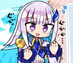  1girl :d blue_hair blue_necktie clenched_hands collared_shirt commentary_request eyebrows_visible_through_hair hair_ornament hairclip kanikama lize_helesta long_hair lowres multicolored_hair necktie nijisanji purple_eyes rubber_duck shaking shirt smile solo translation_request 
