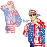  1boy alternate_costume american_flag_hat american_flag_pants american_flag_shirt bandana bangs beard beer_can blonde_hair budweiser can closed_mouth collared_shirt commentary cowboy_shot cross cross_necklace drinking english_commentary english_text facial_hair highres jewelry keith_howard kurusu-kun long_sleeves looking_at_viewer male_focus necklace shirt short_hair simple_background star_(symbol) star_print sunglasses white_background yu-gi-oh! yu-gi-oh!_duel_monsters zoom_layer 